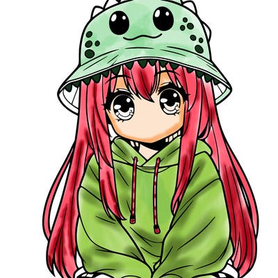 girl with anime shaped eyes with a dinosaur bucket hat oversized sweatshirt long straight hair