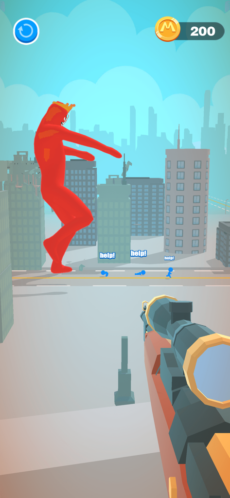 A first-person view through a sniper scope aiming at a massive red giant character in a city street.
