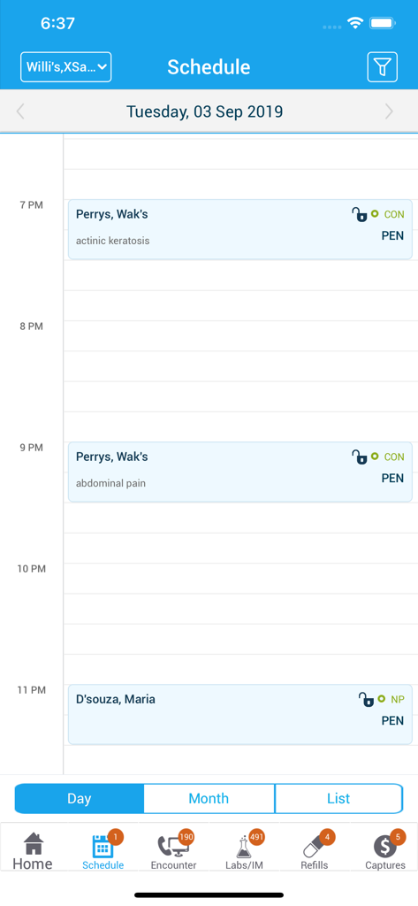 eClinicalMobile - Daily schedule screen in the eClinicalMobile app showing patient appointments and clinical notes