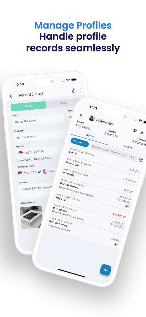 EzDebt Book - Debt Manager - Screenshot of EzDebt Book app displaying debt record details and profile transaction history with currency conversion.
