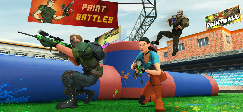 Paintball Shooting Team Strike - Jugadores en una batalla táctica de equipo de paintball usando búnkeres inflables para cubrirse en una arena exterior