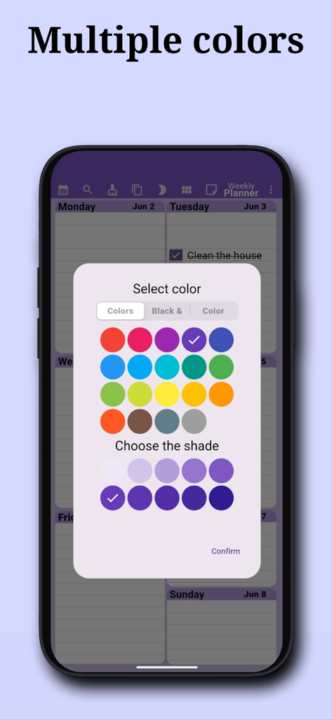 Weekly Planner: To-Do & Tasks - Interfaz de la aplicación Weekly Planner que muestra un selector de color con múltiples colores y tonos para personalizar