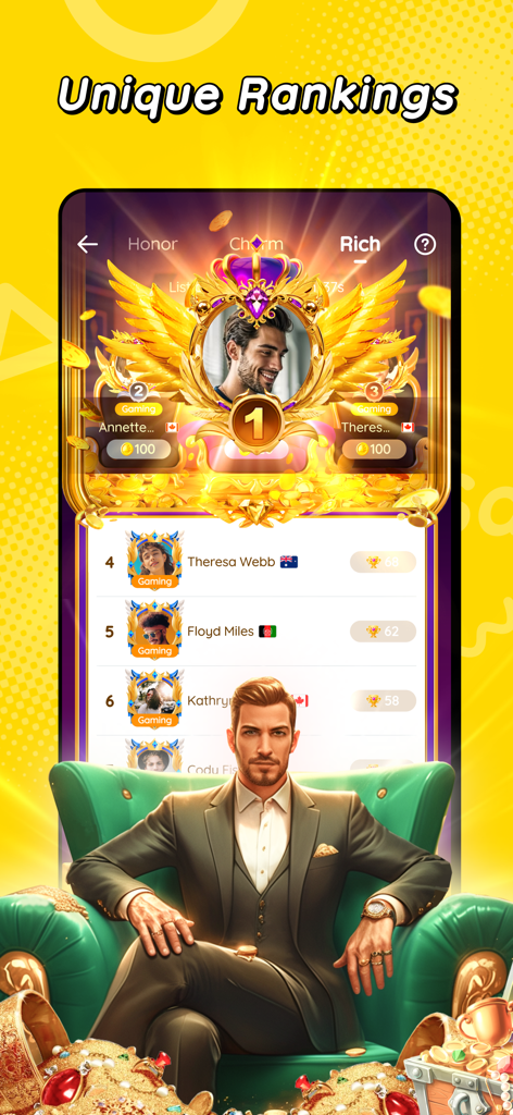 Saya - Games&Party&Chat - Saya app unique rankings screen displaying the top rich players on a golden leaderboard