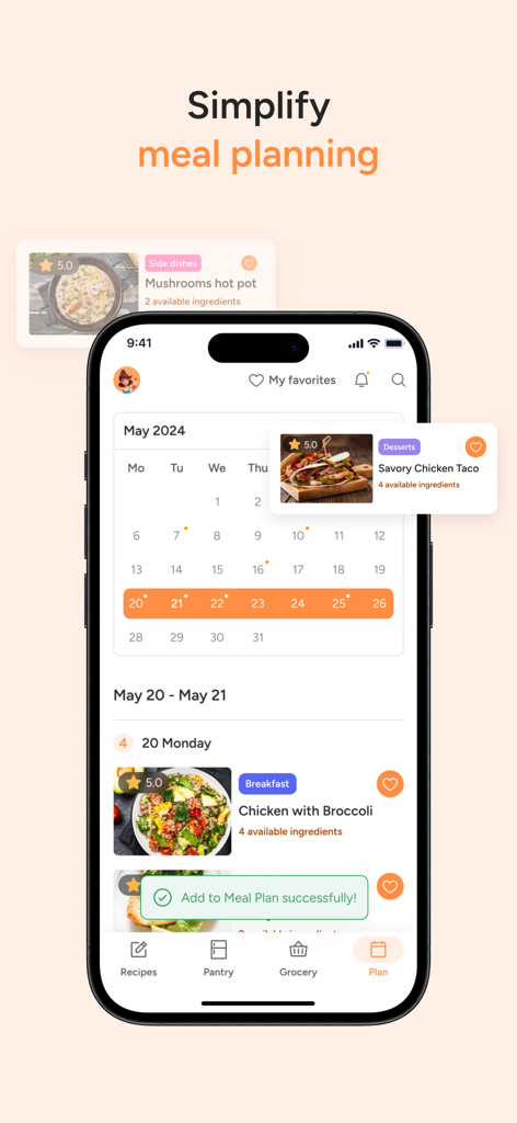 Food Simp: Cook by Ingredients - A smartphone showing the Food Simp app meal planning calendar with recipe suggestions for chicken with broccoli and savory tacos.