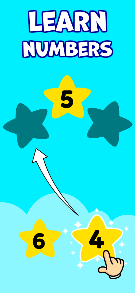 Schermata di gioco educativo per bambini che mostra un'attività di abbinamento numeri con stelle su sfondo blu.