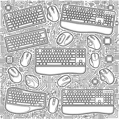 Explore the cutting-edge world of technology with this intricate coloring page featuring various wireless keyboards and mice. Immerse yourself in a fun, digital design adorned with circuit board patterns, perfect for tech enthusiasts of all ages.