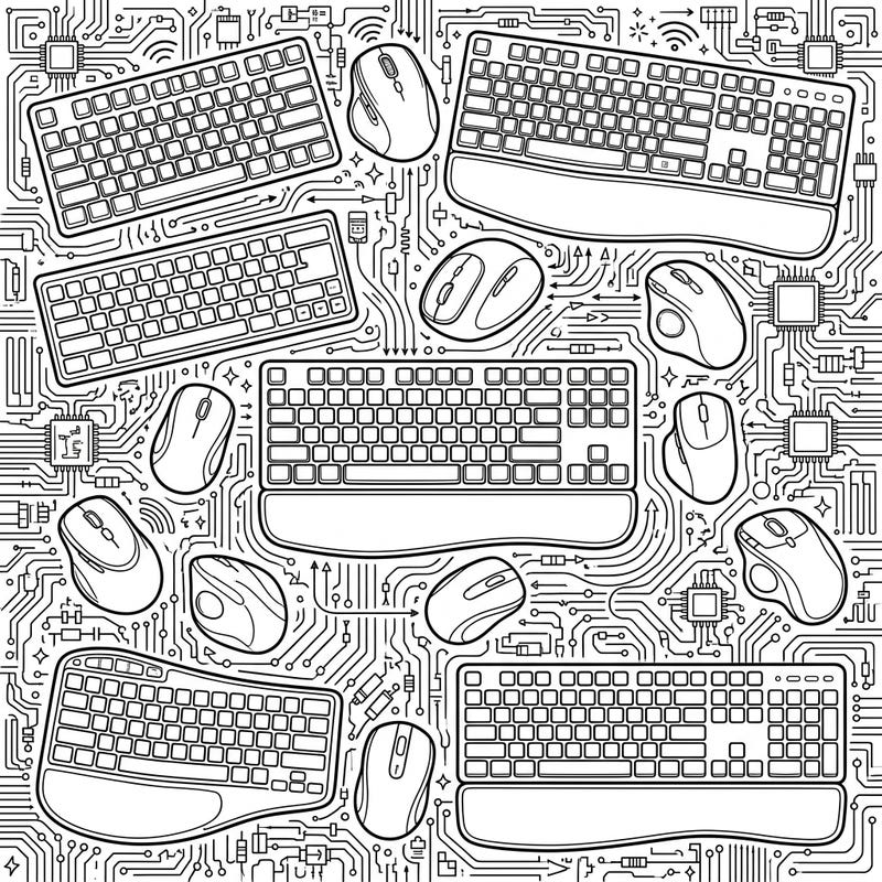 Explore the cutting-edge world of technology with this intricate coloring page featuring various wireless keyboards and mice. Immerse yourself in a fun, digital design adorned with circuit board patterns, perfect for tech enthusiasts of all ages.