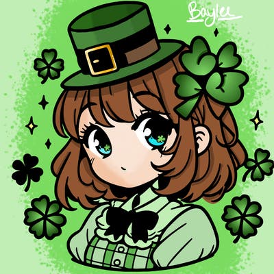 a manga-style girl with clovers around her, a little hat in her hair, like it's saint patrick's day