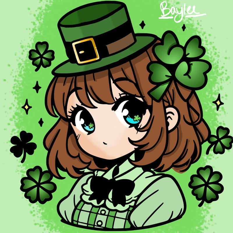 a manga-style girl with clovers around her, a little hat in her hair, like it's saint patrick's day