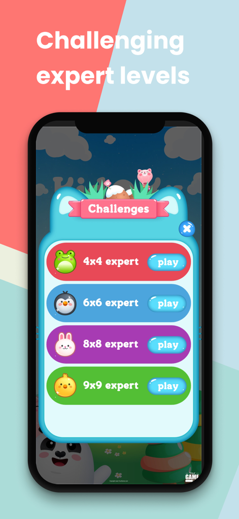 Kidoku app screen showing various expert level Sudoku challenges from 4x4 to 9x9 with colorful animal icons
