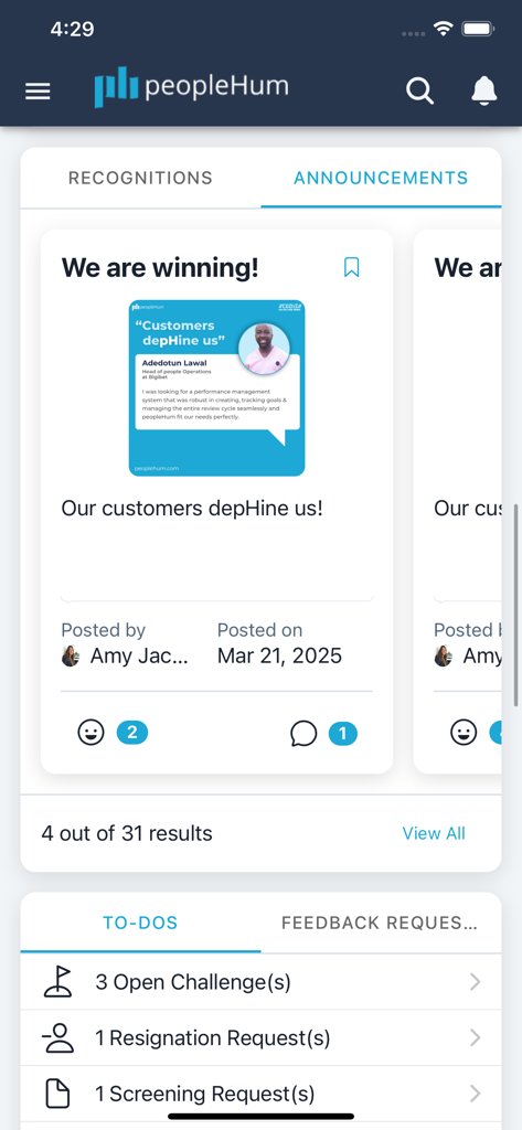 peopleHum - Mobile interface of the peopleHum app showing employee recognition posts and human resources to-do tasks