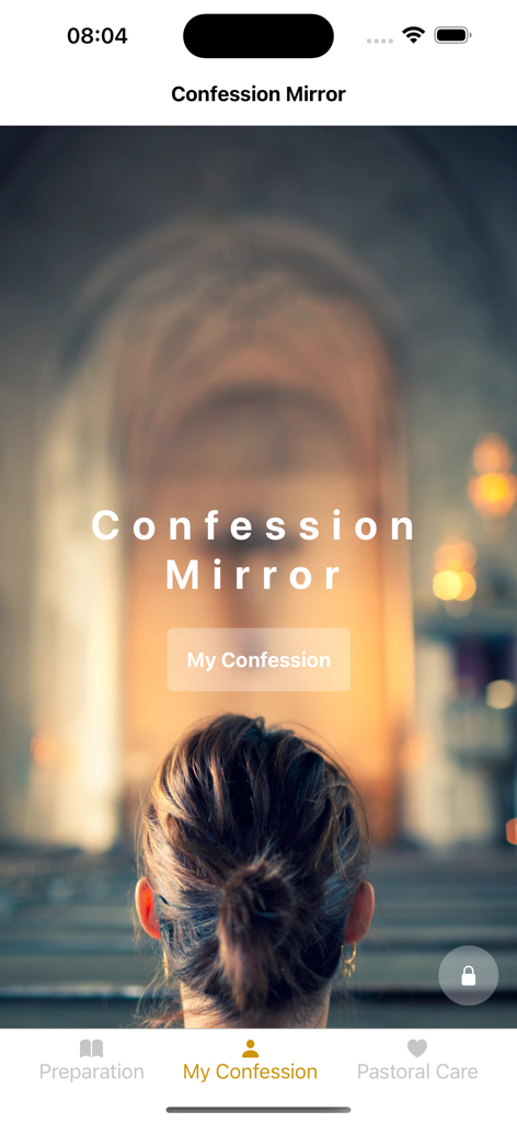 Pantalla de inicio de la aplicación Espejo de Confesión mostrando a una mujer en una iglesia con opciones de navegación de preparación y confesión