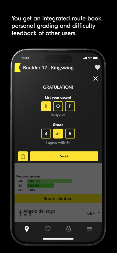 Bimano Boulder - Smartphone screen showing the Bimano Boulder app interface for logging a climb with personal grading and feedback options.