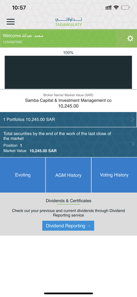 Tadawulaty - تداولاتي - Tadawulaty app dashboard showing investor portfolio market value and links to e-voting and dividend reporting