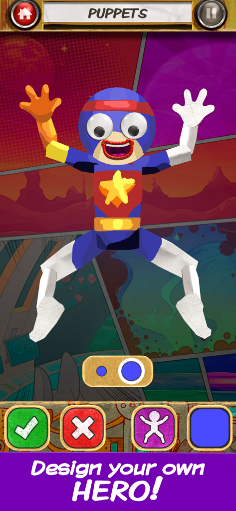 Atomic Hangman Jr - A puppet creator interface showing a customizable blue superhero character