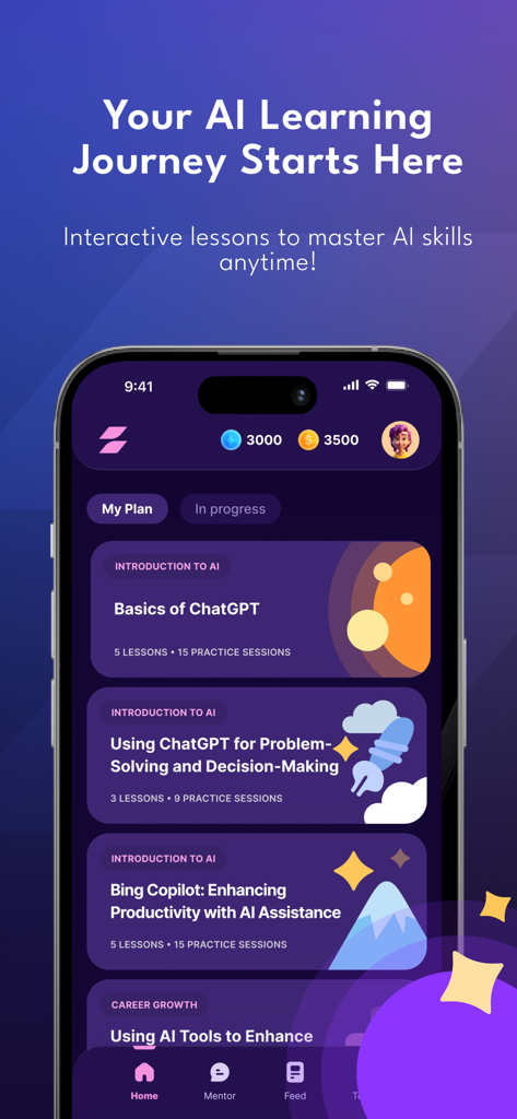 Zenfy - Interface of the Zenfy app showing AI learning paths and courses like Basics of ChatGPT and Bing Copilot.