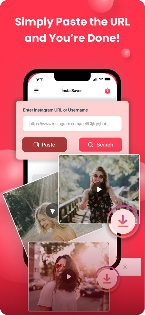 InSaver - Reel & Story Saver - InSaver app interface showing the URL paste input for downloading Instagram reels and stories