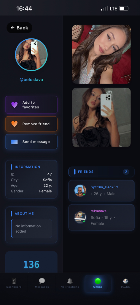 User profile interface on the ChatNet app showing photos city location and messaging buttons
