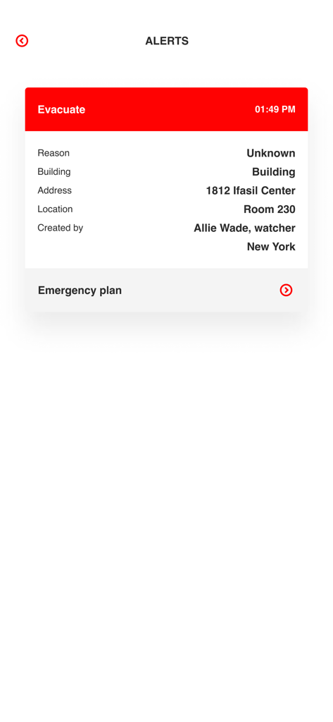 Bildschirm für Notfall-Evakuierungswarnungen in der TAP App Sicherheit-App mit Details zum Vorfall und Standort des Gebäudes