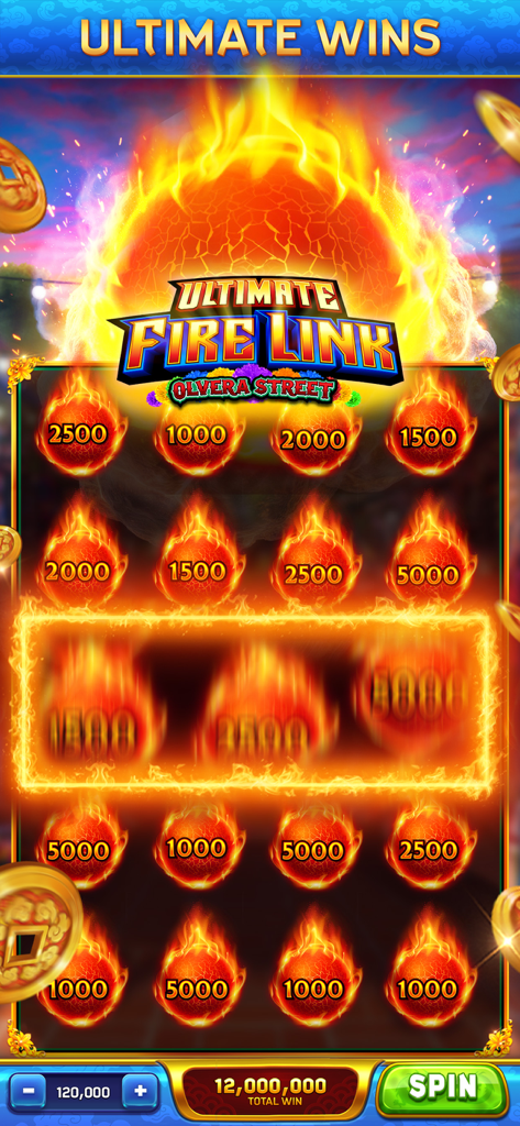 Dancing Drums Slots Casino - Dancing Drums Slots Ultimate Fire Link Olvera Street gameplay screen with fiery jackpot orbs