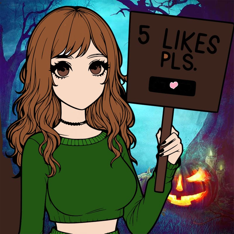 realistic girl by a sign that says 5 likes pls