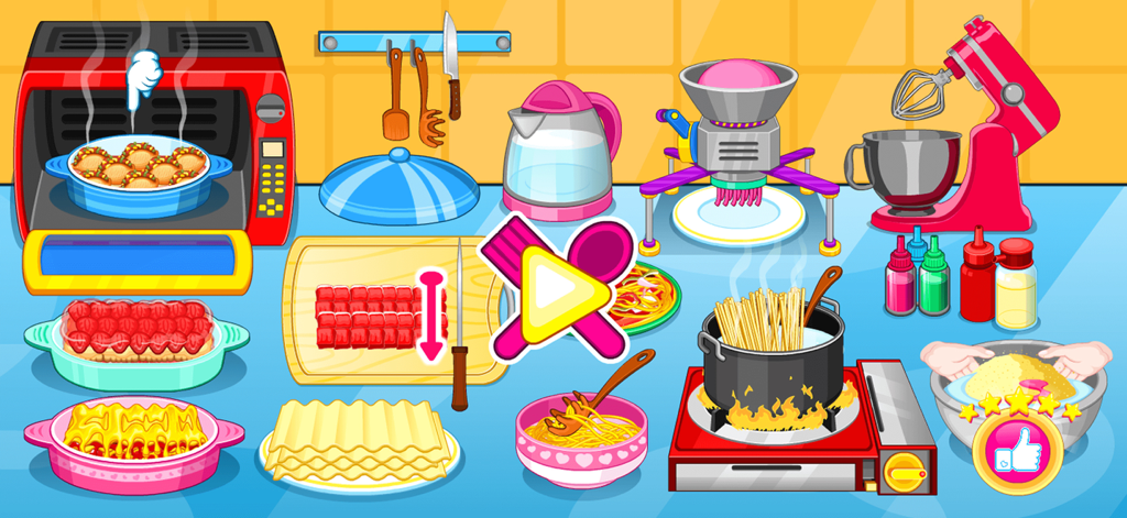 Cooking Games Baking Lasagna - Colorful kitchen interface for kids cooking game featuring lasagna preparation steps