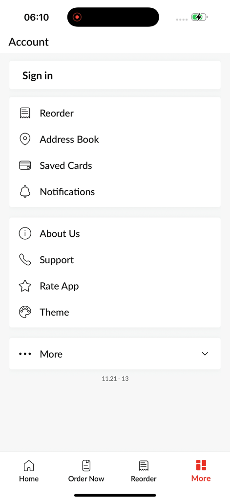 Hong Kong Express - A tela de conta e configurações do aplicativo Hong Kong Express mostrando opções de login e reordenar.