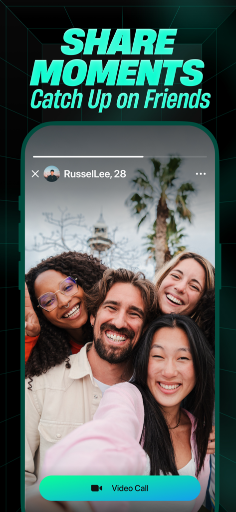 Lowins - Live Video Chat - A group of happy friends taking a selfie on the Lowins app content feed with a video call button below.