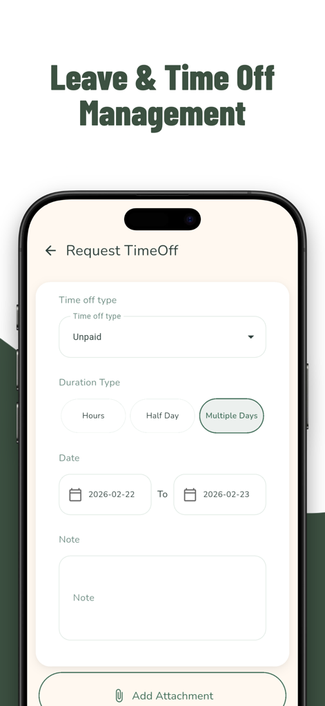 Tela de solicitação de licença do aplicativo de RH Odoo com campos para tipo, duração e data