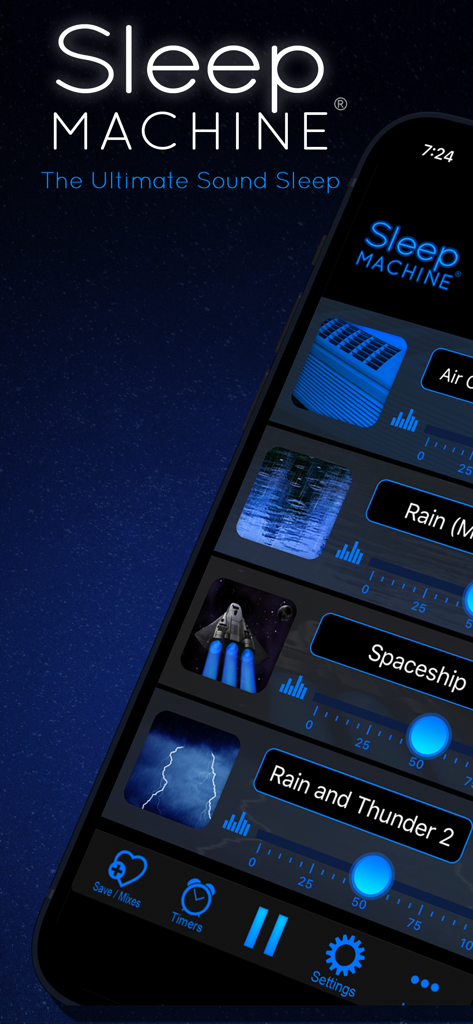 Sleep Machine - A interface do aplicativo Máquina de Dormir com um mixer de som com ruídos ambientes personalizáveis como chuva e nave espacial.