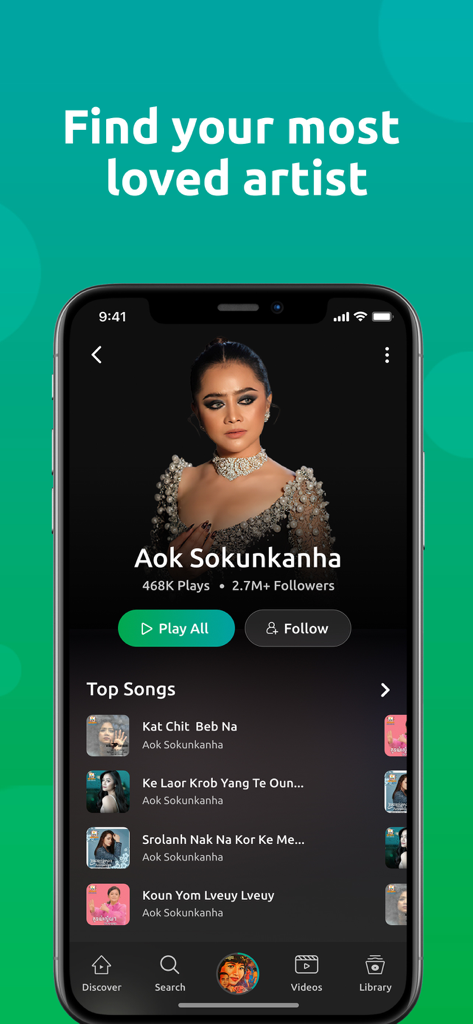 Artist profile page of Aok Sokunkanha on the Pleng music app displaying top songs and follower count