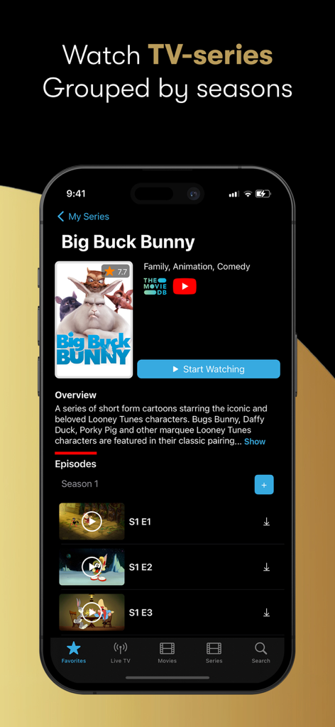 IPTV Streamer Max - IPTV Streamer Max app interface showing TV series organized by seasons