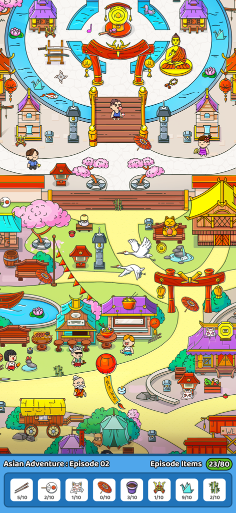 Found It! Hidden Object Game - Captura de pantalla del juego ¡Lo Encontré! Juego de Objetos Ocultos que muestra un nivel de Aventura Asiática con un mapa colorido y elementos de búsqueda del tesoro.
