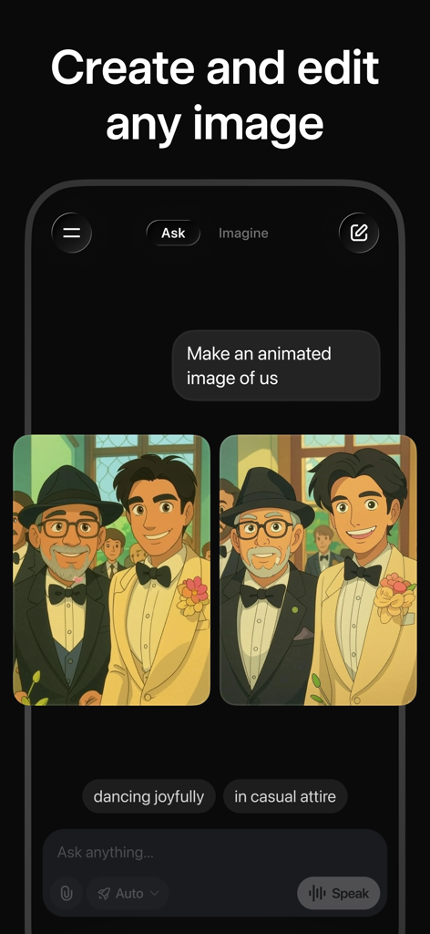 Grok app screen showing AI generated anime wedding photos from a text prompt