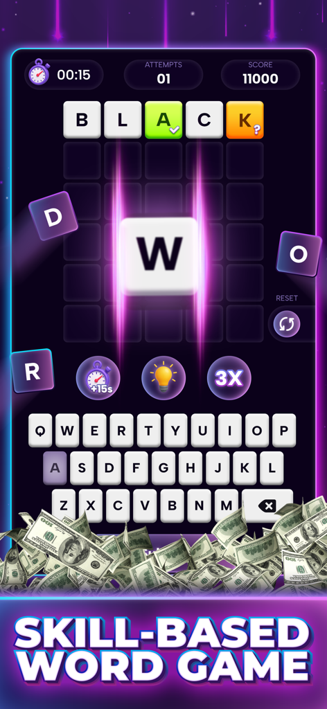 Guess the Word: Play For Cash - Skill based word puzzle game interface with cash rewards and power ups