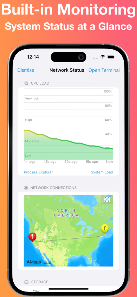 La interfaz del cliente SSH La Terminal mostrando un gráfico de carga de CPU en tiempo real y conexiones de red geográficas en un iPhone.