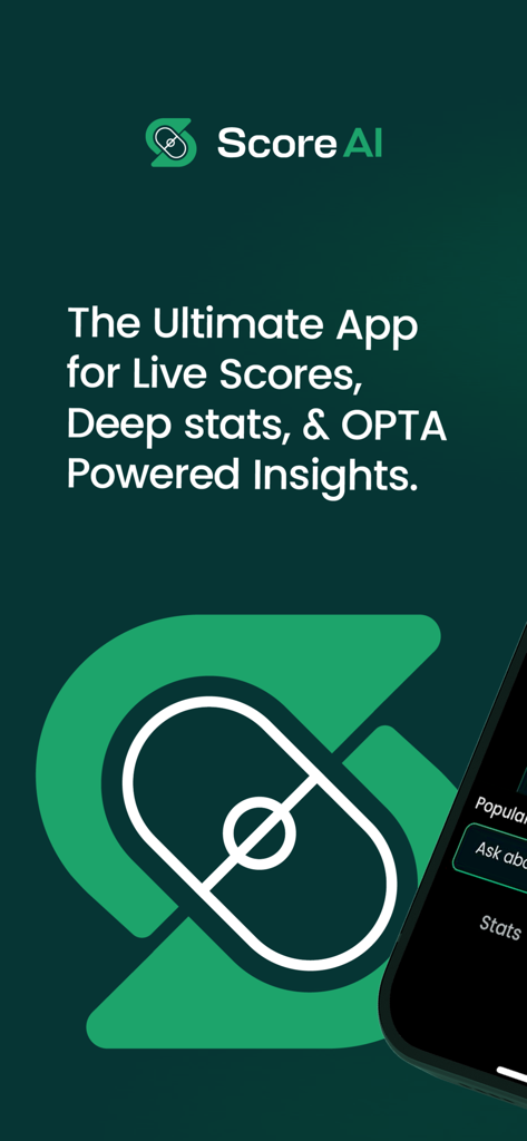 ScoreAI - ScoreAI app intro screen featuring the logo and tagline for live football scores and Opta powered insights.