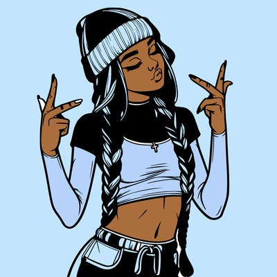 realistic teenage girl with braids and a beanie and crop top doing 🫶🏼