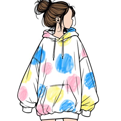 realistic girl with a oversized sweatshirt on and a bun