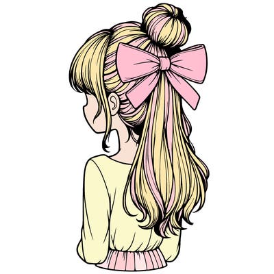 realistic girl  with hip length hair a bun and a big bow on the back of head