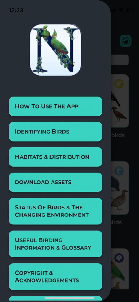 Newman’s Birds of Africa - 鳥の識別や生息地の情報オプションが表示されたNewmans Birds of Africaアプリのメインナビゲーションメニュー。