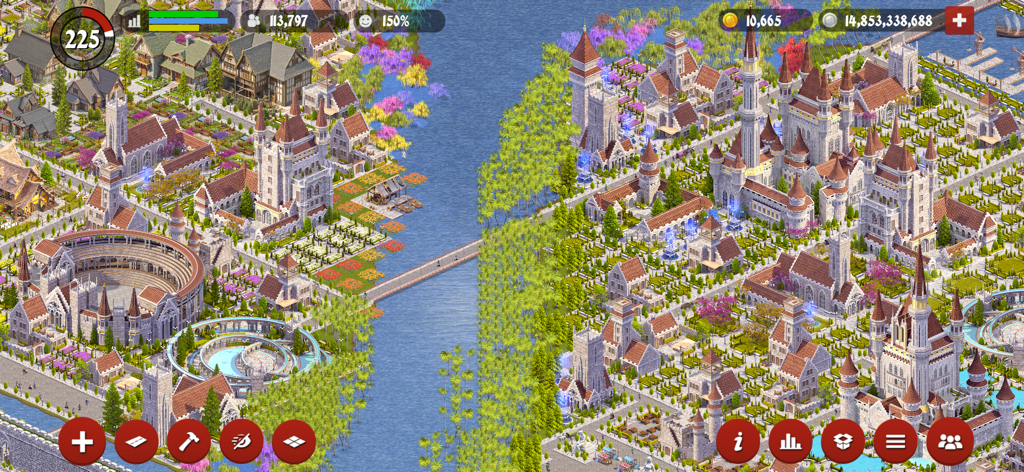 Designer City: Medieval Empire - High level gameplay showing a large medieval fantasy kingdom with castles and an amphitheater