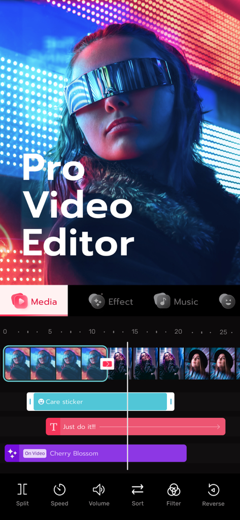 Interface of the Video Editor Effects app showing a video timeline with clips, stickers, and filters.