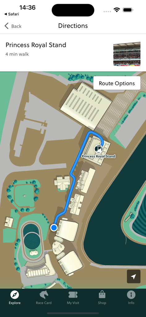 Aintree Racecourse - Interactive map showing walking directions to the Princess Royal Stand on the Aintree Racecourse app