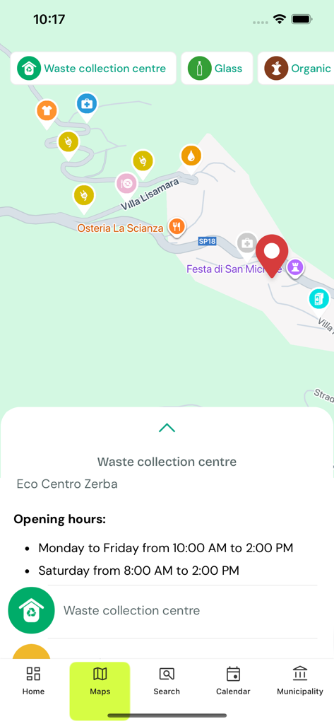 Junker raccolta differenziata - Map interface of the Junker app displaying the location and opening hours of a waste collection center