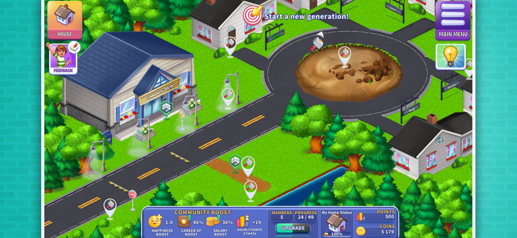 Neighborhood map view in Virtual Families Our New Home featuring the community center and home progress dashboard