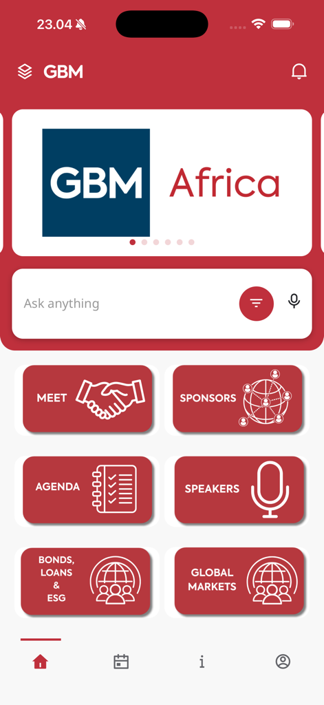 Global Banking & Markets - Pantalla de inicio de la aplicación Global Banking and Markets que muestra botones de navegación para reuniones, agenda y ponentes de un evento financiero.