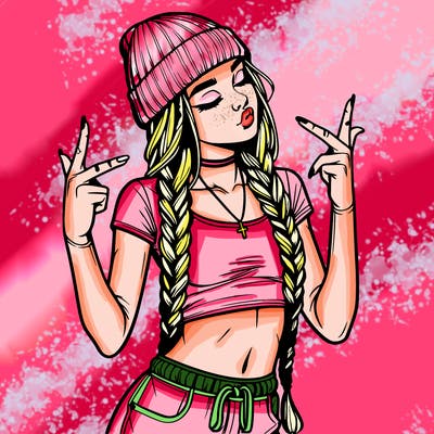 realistic teenage girl with braids and a beanie and crop top doing 🫶🏼