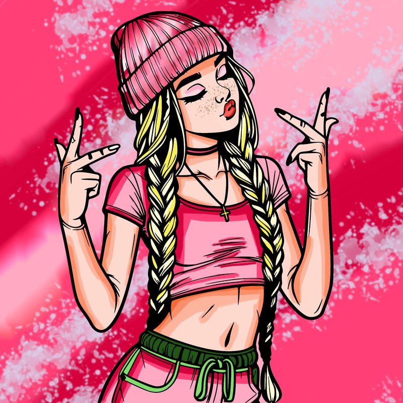 realistic teenage girl with braids and a beanie and crop top doing 🫶🏼