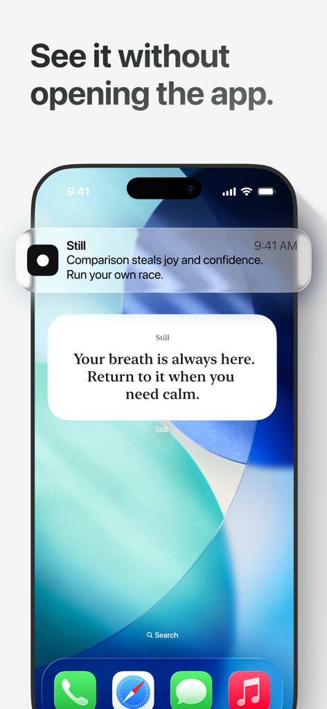 Still — Daily Sentence - Pantalla de inicio del iPhone que muestra la notificación de la aplicación Still y el widget de cita diaria